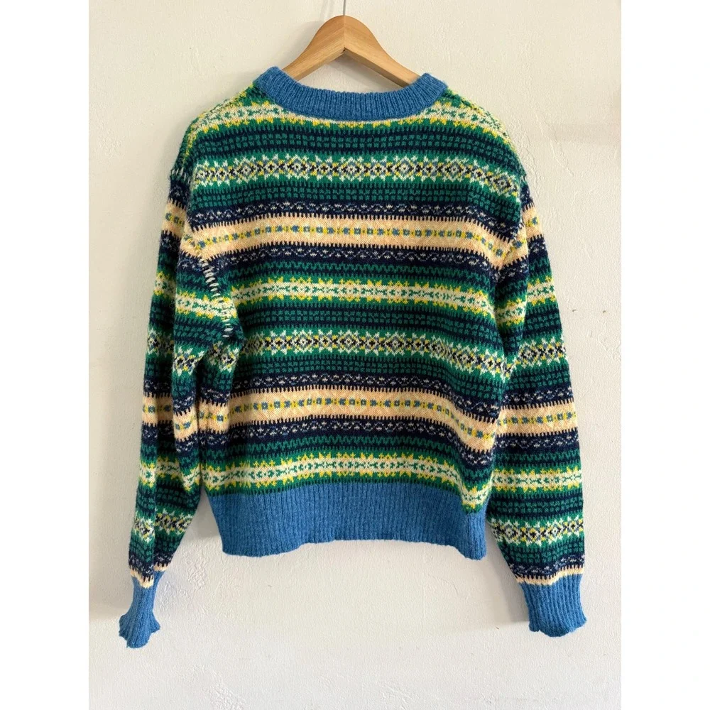 NEW Urban Outfitters Mens Fair Isle Sweater Blue Green Multi Fuzzy Knit Medium